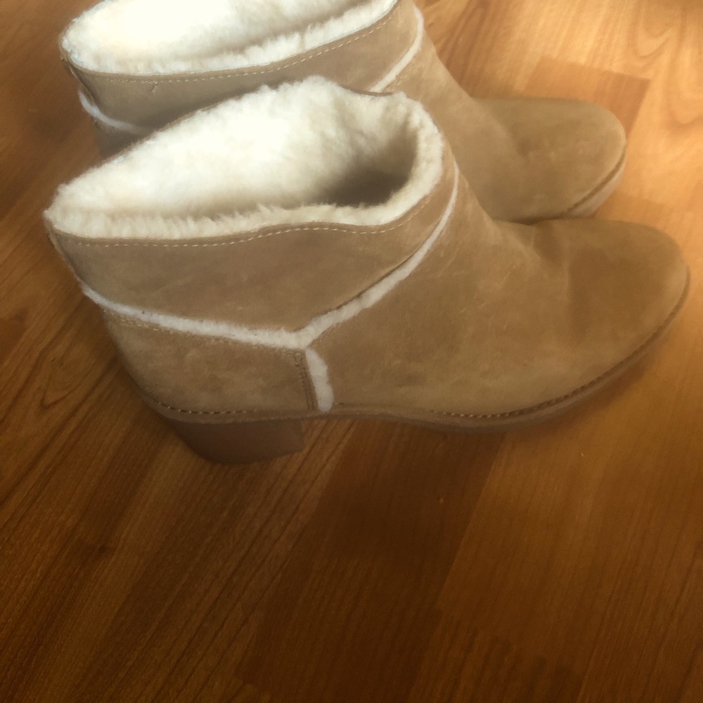 Tan suede UGG boots. Inside fur is beige.